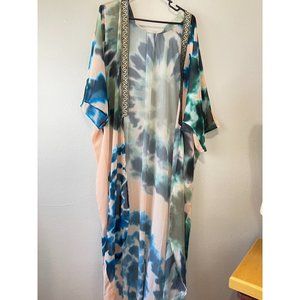 Womens Suki So Maxi Kimono S/S Tie Dye Pink Blue Open Gold Trim Sheer Cardigan